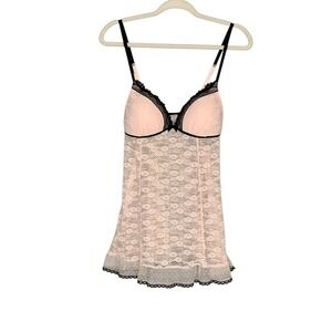 Unbranded light pink lace Teddy top with black lace trim w adjustable strap. S-M